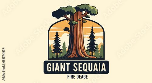A stylized illustration of a giant sequoia tree in a forest at sunset