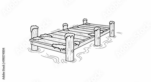 A weathered wooden dock with rough pilings stands in rippling water