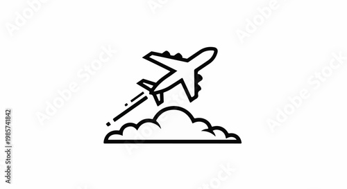 A simple outline of an airplane ascending above clouds