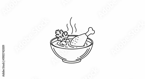 A simple line drawing of a steaming bowl of chicken soup with a herb garnish