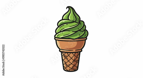 A swirling green soft serve ice cream cone with a waffle texture