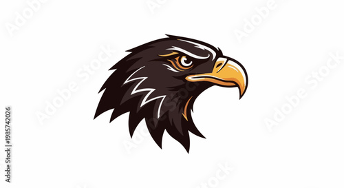 A stylized brown eagle head with a sharp orange beak and intense gaze