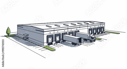 A warehouse with multiple loading docks and trucks