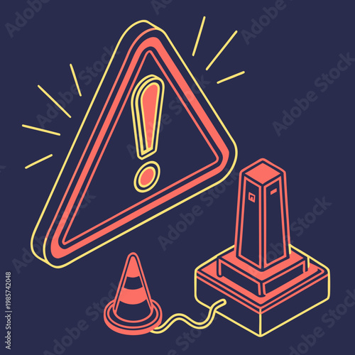 Road construction cone and caution sign neon art.
