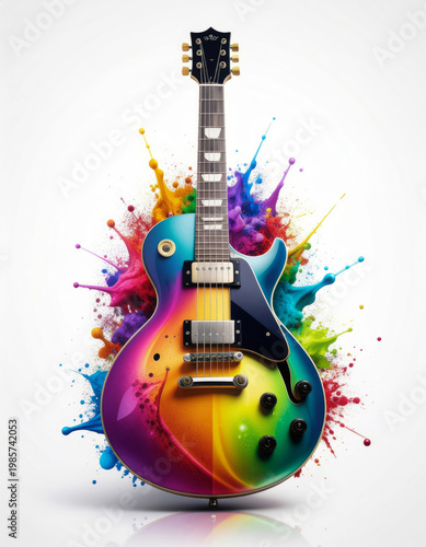 Electric guitar creating colorful paint splash art