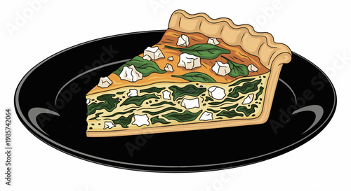 A slice of spinach and feta quiche on a black plate