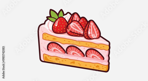 A slice of pink strawberry cake with layers of sponge cake and cream, topped with fresh strawberries