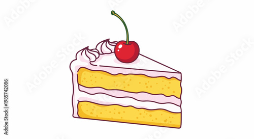A slice of layered sponge cake with pink frosting and a cherry