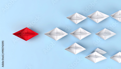 Red paper boat leading white origami ships