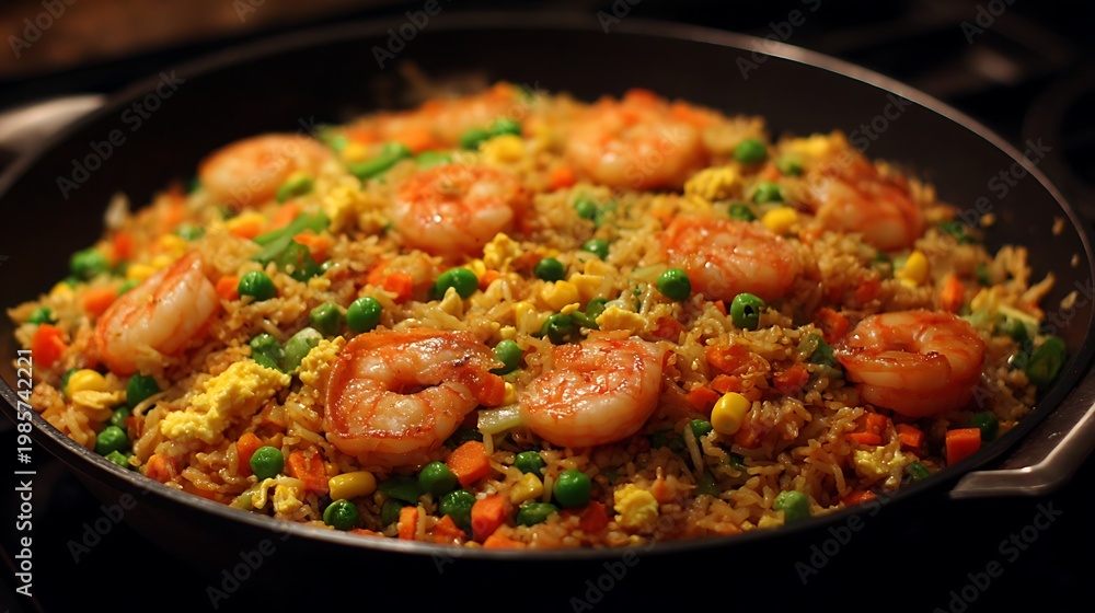Fototapeta premium Close-up of Traditional Spanish Paella with Prawns