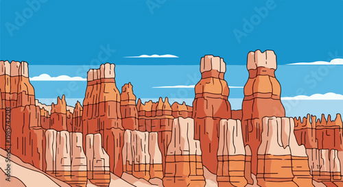 A stylized, cartoonish landscape depicting layered orange rock formations under a blue sky