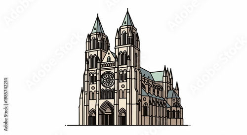A stylized illustration of a grand gothic cathedral with twin spires