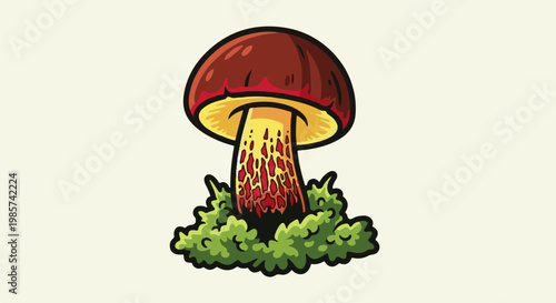 A stylized, cartoonish mushroom with a red cap and patterned stem