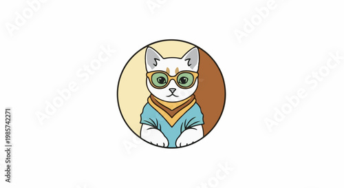 A stylized cat with sunglasses and a scarf in a circle