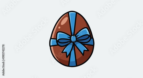 A stylized chocolate egg adorned with a vibrant blue ribbon and bow