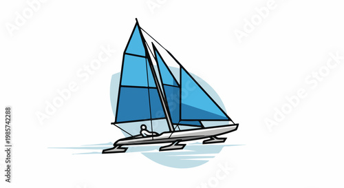 A stylized catamaran sailboat with blue sails and a lone figure steers