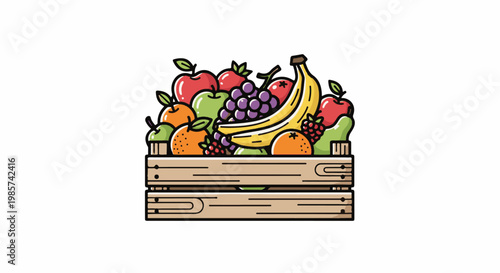 A wooden crate filled with a colorful assortment of fresh, ripe fruits and berries