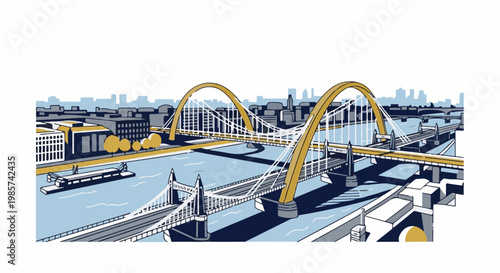 A stylized, colorful cityscape featuring multiple bridges and a river