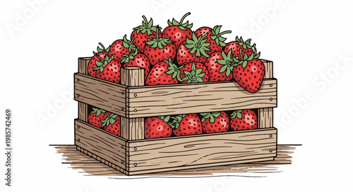 A wooden crate overflowing with fresh, ripe strawberries, illustrated
