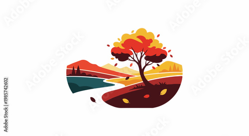 A stylized autumn landscape with a single tree shedding leaves by a river