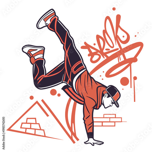 Принти на полотні Young man performing breakdance moves on street.