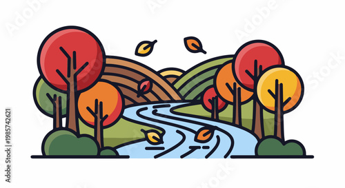 A stylized autumn landscape with a winding river and colorful trees