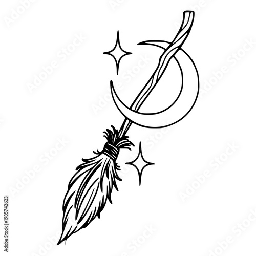 Fotografie witch broomstick with crescent moon and stars illustration