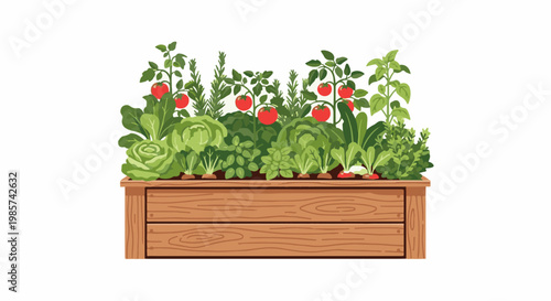 A wooden garden box overflows with a variety of fresh vegetables and herbs