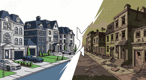 A stark contrast between prosperous, modern homes and dilapidated, ruined buildings