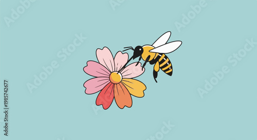 A stylized bee with yellow and black stripes visits a colorful flower on a blue background