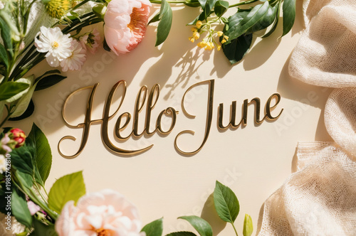 Postcard card poster text lettering Hello June sunny summer flower blossom background AI Generative
