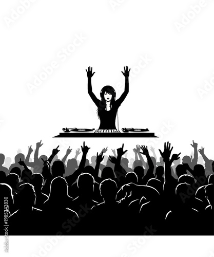 dj performing at concert with cheering crowd vector illustration
