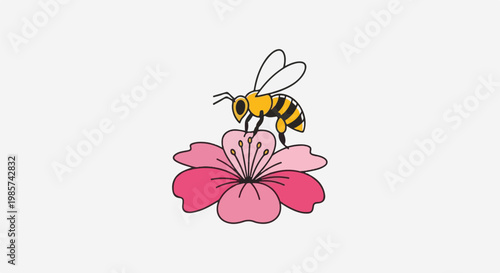 A stylized bee collects nectar from a vibrant pink blossom