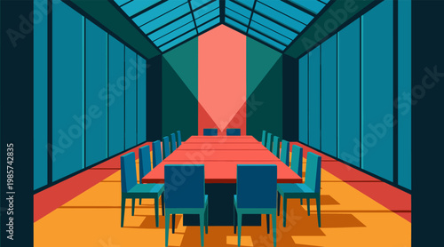 Long conference table illuminated by skylight in glass atrium