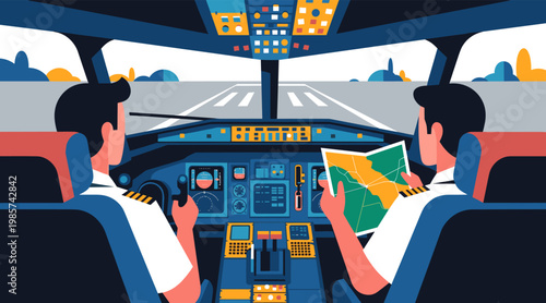 Two pilots navigating with map inside airplane cockpit