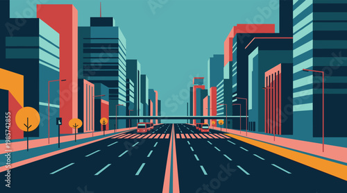 Urban street showing empty lanes through modern downtown skyline