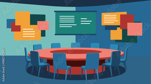 Round conference table surrounded by chairs in meeting room