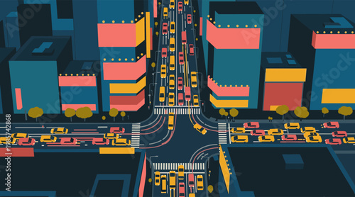 City vehicles queuing in congested intersection during evening