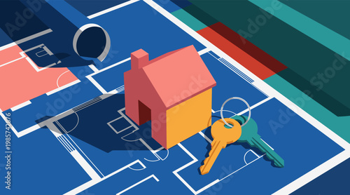 House model and keys on architectural blueprint layout