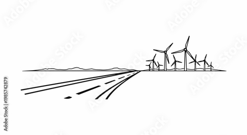 A stark, line-art illustration of a highway leading towards a field of wind turbines
