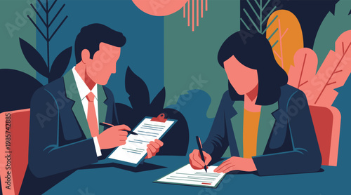 Two professionals signing documents during business meeting