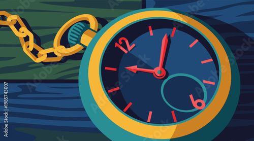 Closeup pocket watch displaying time with chain on wooden surface