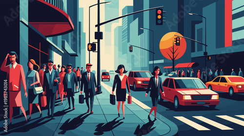 Commuters walking across busy downtown street during rush hour