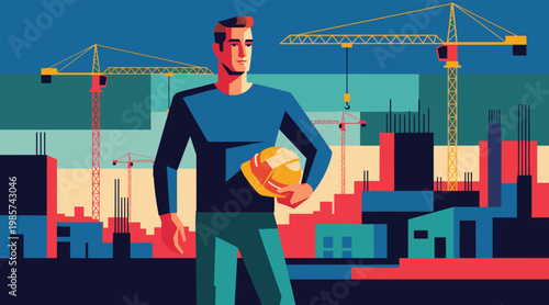 Construction worker holding safety helmet at urban construction site