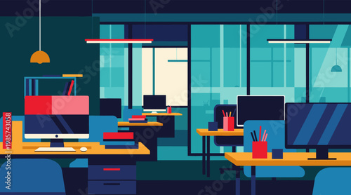 Open office workspace with computers on shared desks and glass walls