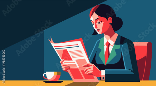Businesswoman reading newspaper during morning coffee at table