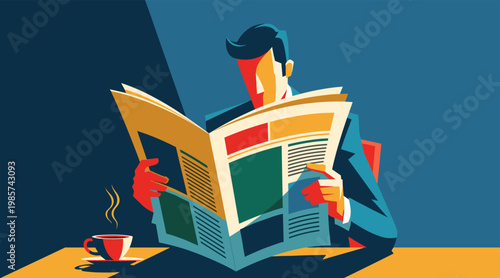 Man reading newspaper at table with coffee cup indoors