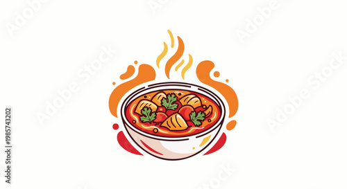 A steaming bowl of flavorful stew with chunks of meat and herbs