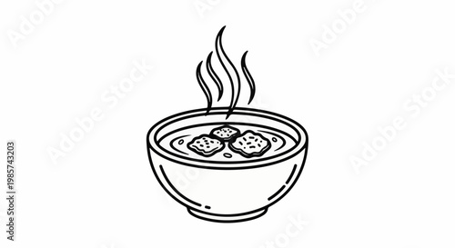 A steaming bowl of soup with croutons and wisps of steam rising