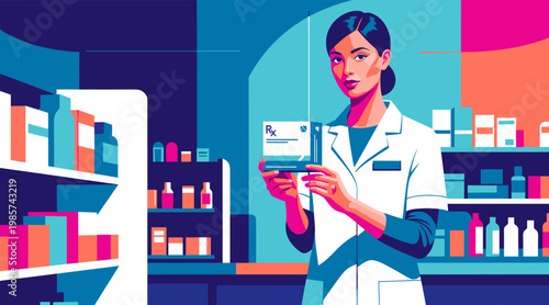 Pharmacist holding prescription box in retail pharmacy